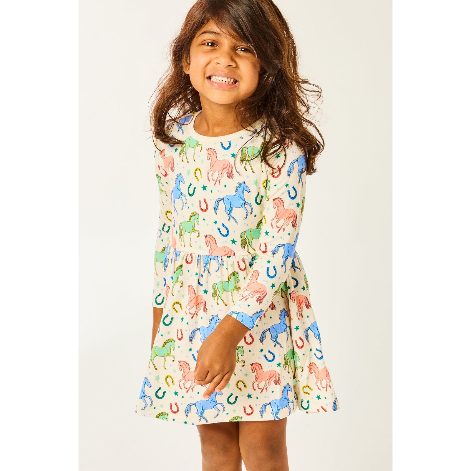 Stretchy Long Sleeve Twirl Dress - Horses