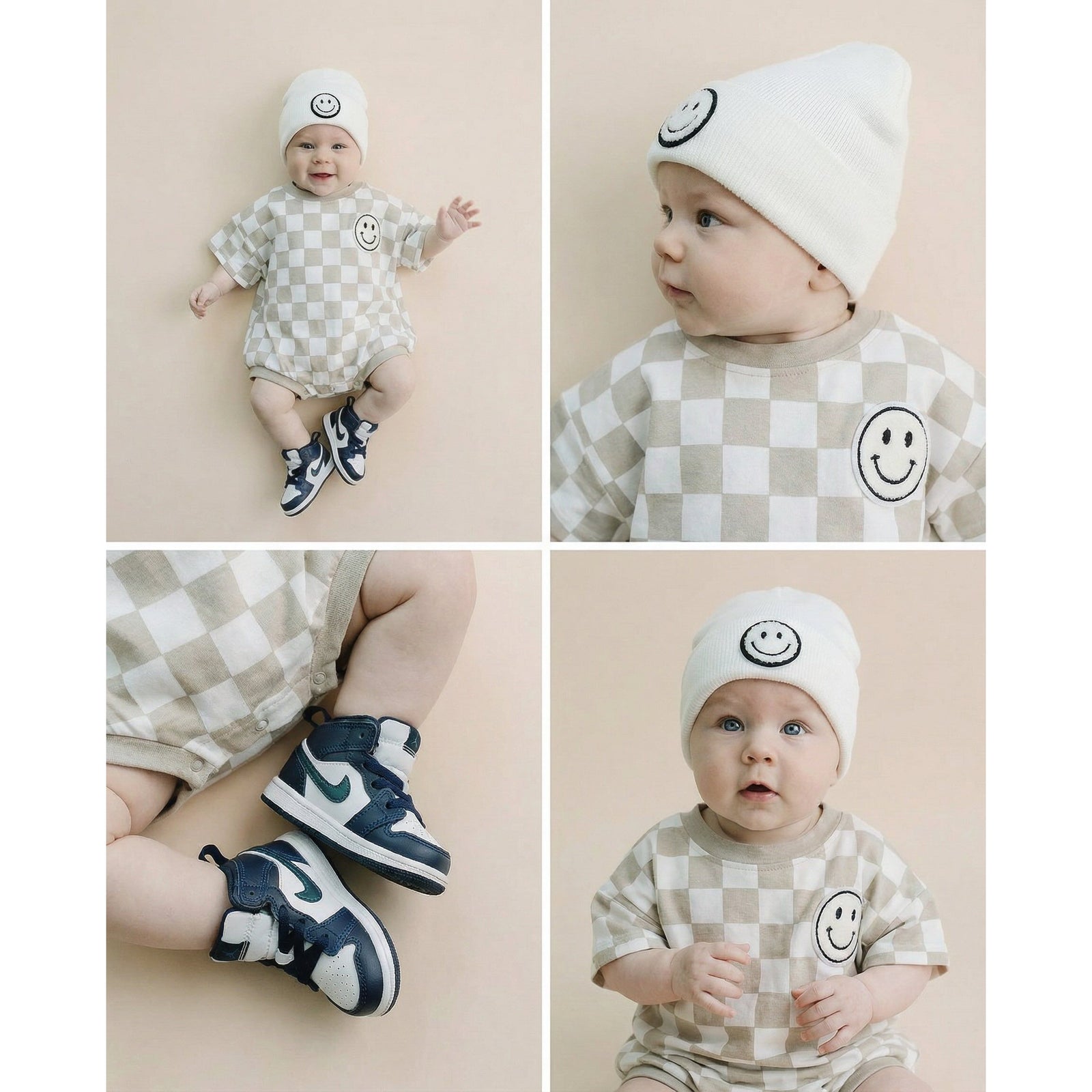 Short Sleeve Bubble Romper | Checkered Smiley Latte