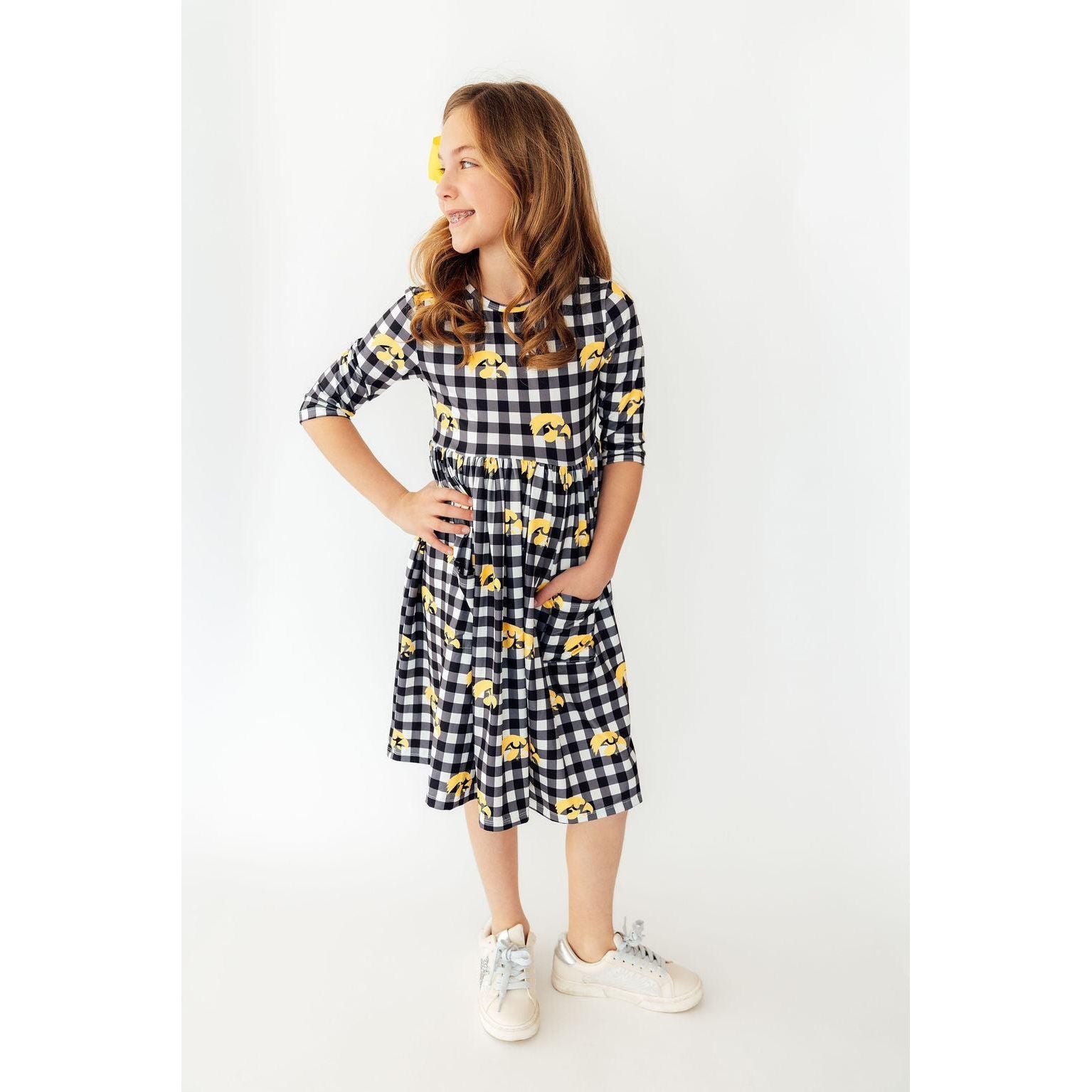 Iowa Plaid Tigerhawk 3/4 Sleeve Pocket Twirl Dress