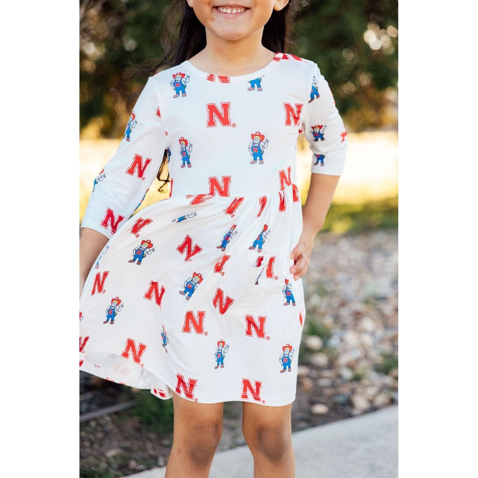Nebraska White Herbie Husker 3/4 Sleeve Pocket Twirl Dress