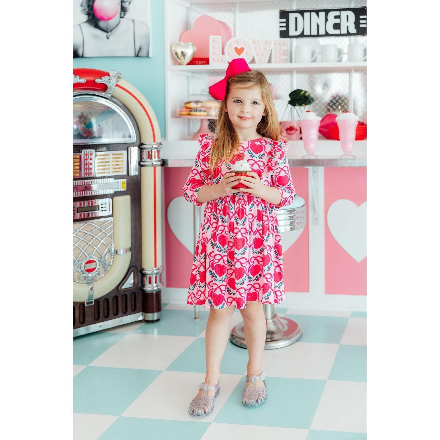 Fluttering Hearts 3/4 Sleeve Ruffle Twirl Dress