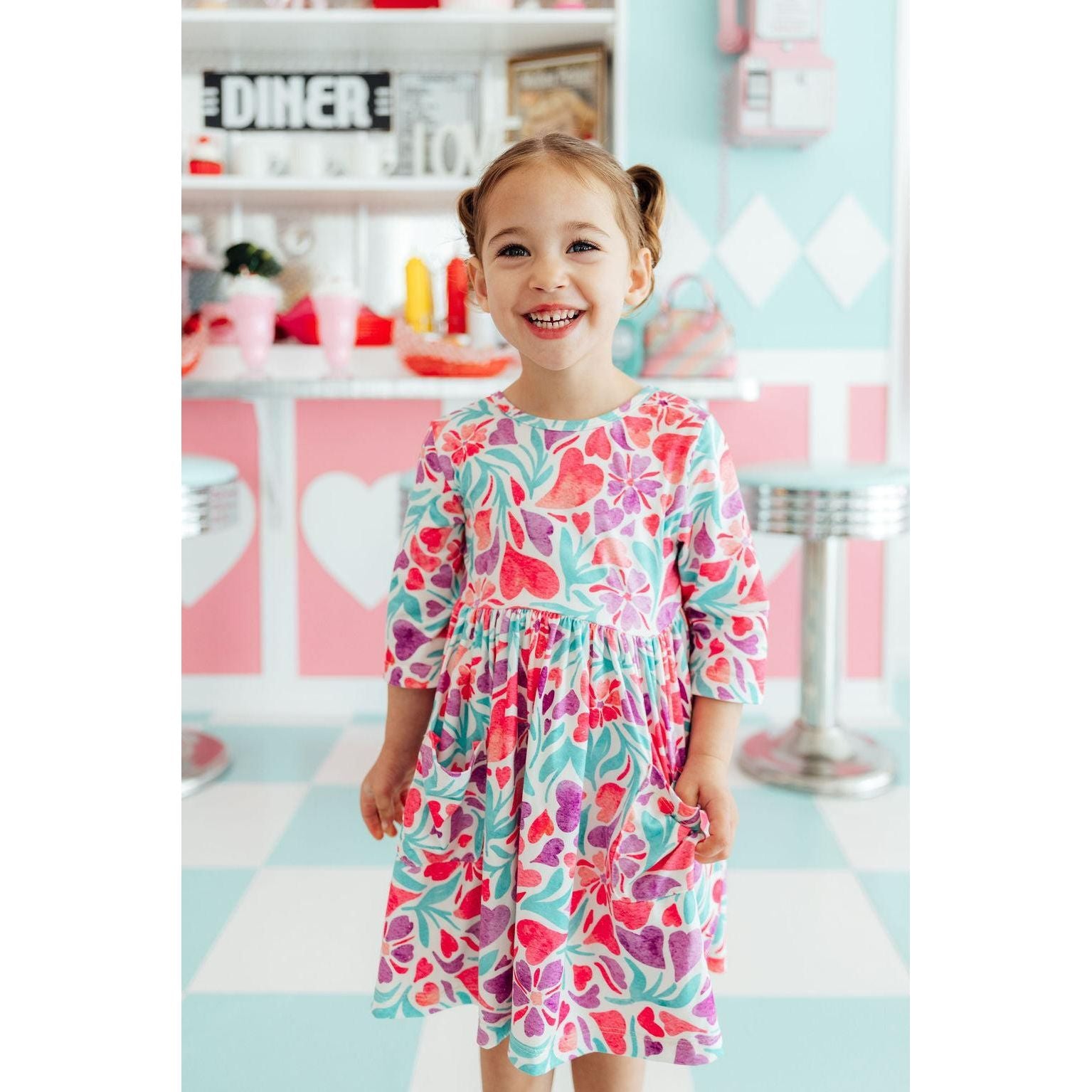 Watercolor Hearts 3/4 Sleeve Pocket Twirl Dress