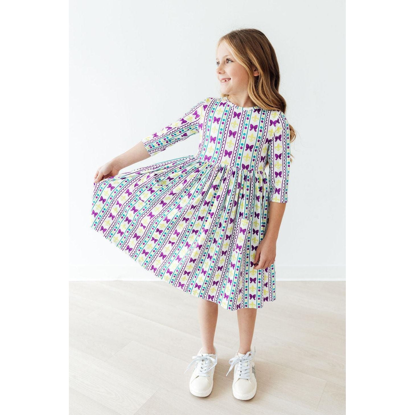 Mardi Gras 3/4 Sleeve Pocket Twirl Dress