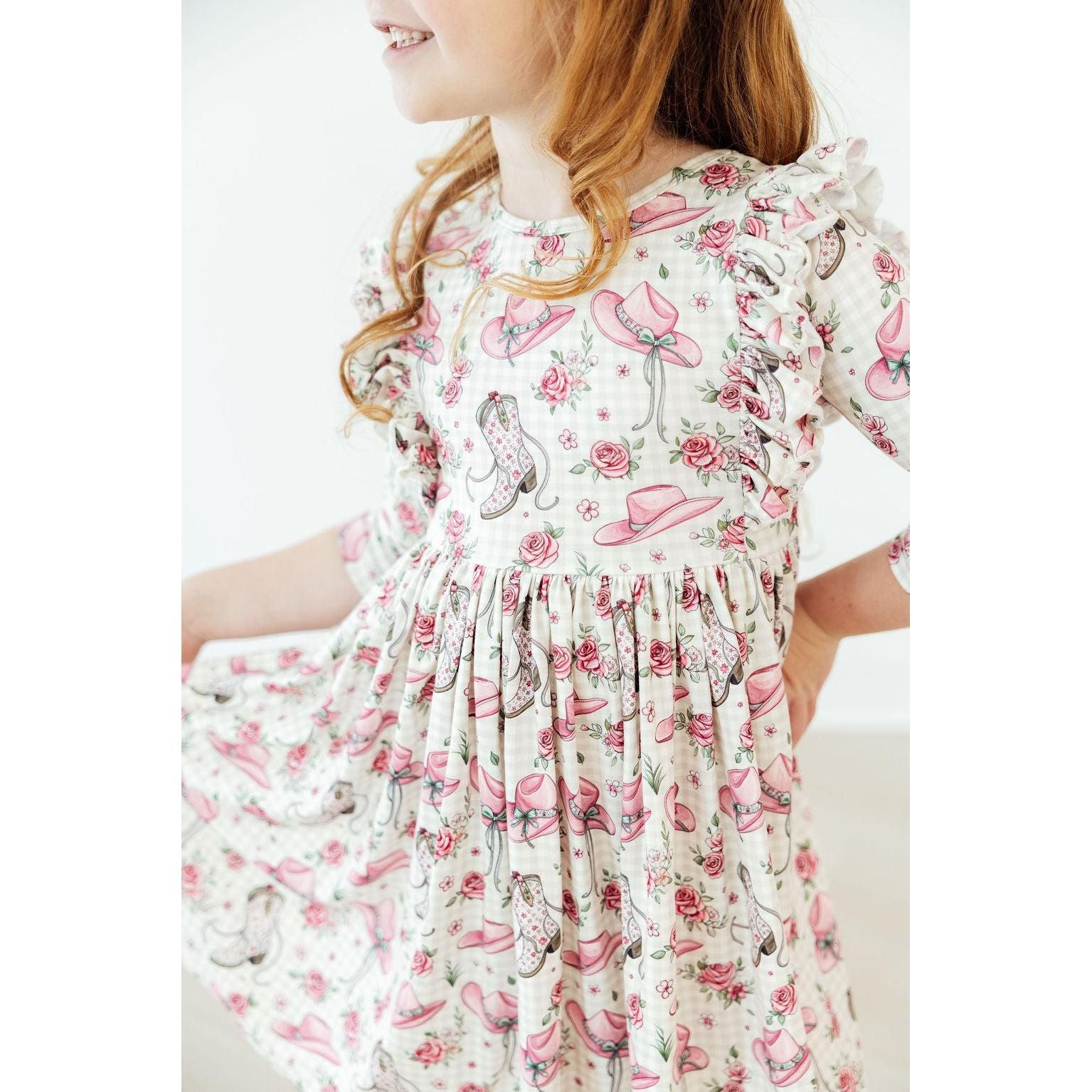 Cowgirl Cutie 3/4 Sleeve Ruffle Twirl Dress