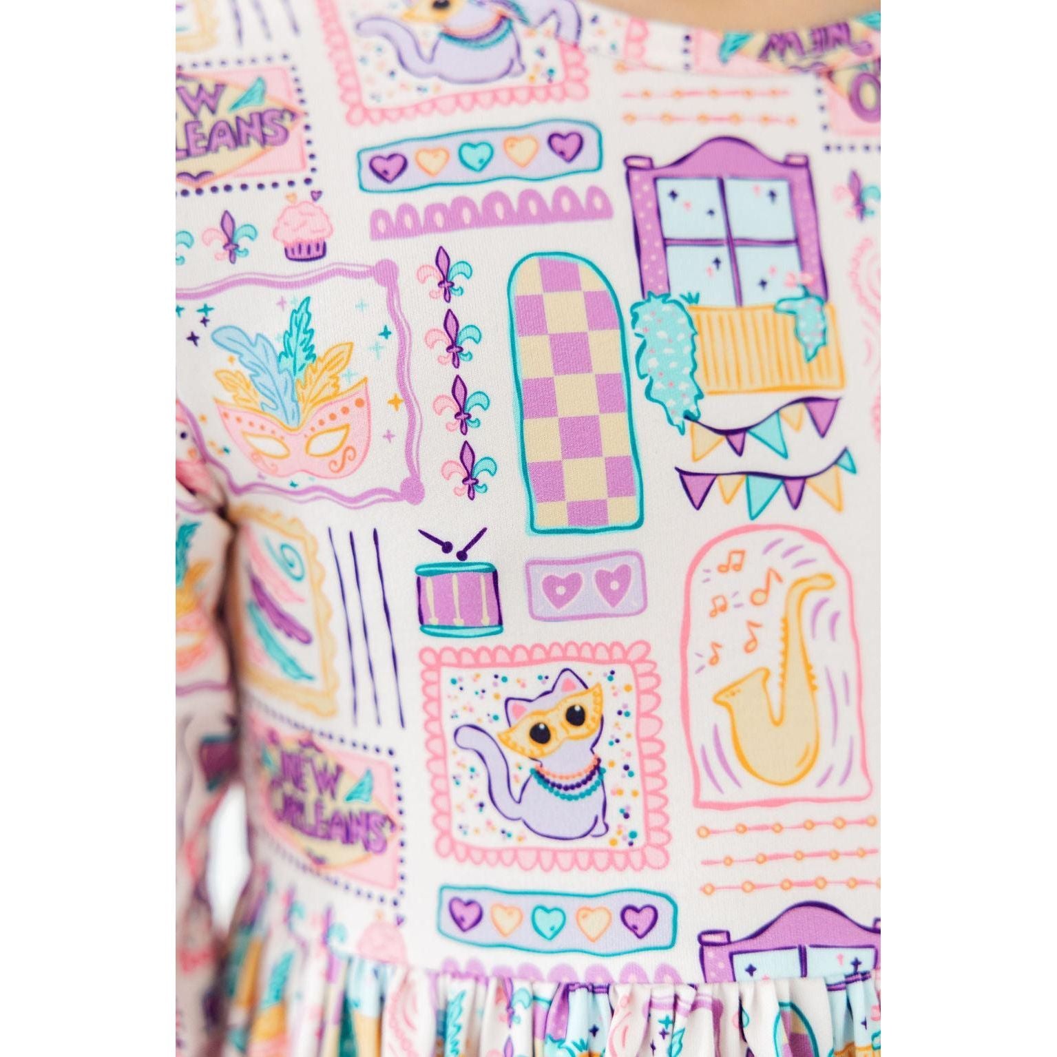 French Quarter Fun 3/4 Sleeve Pocket Twirl Dress
