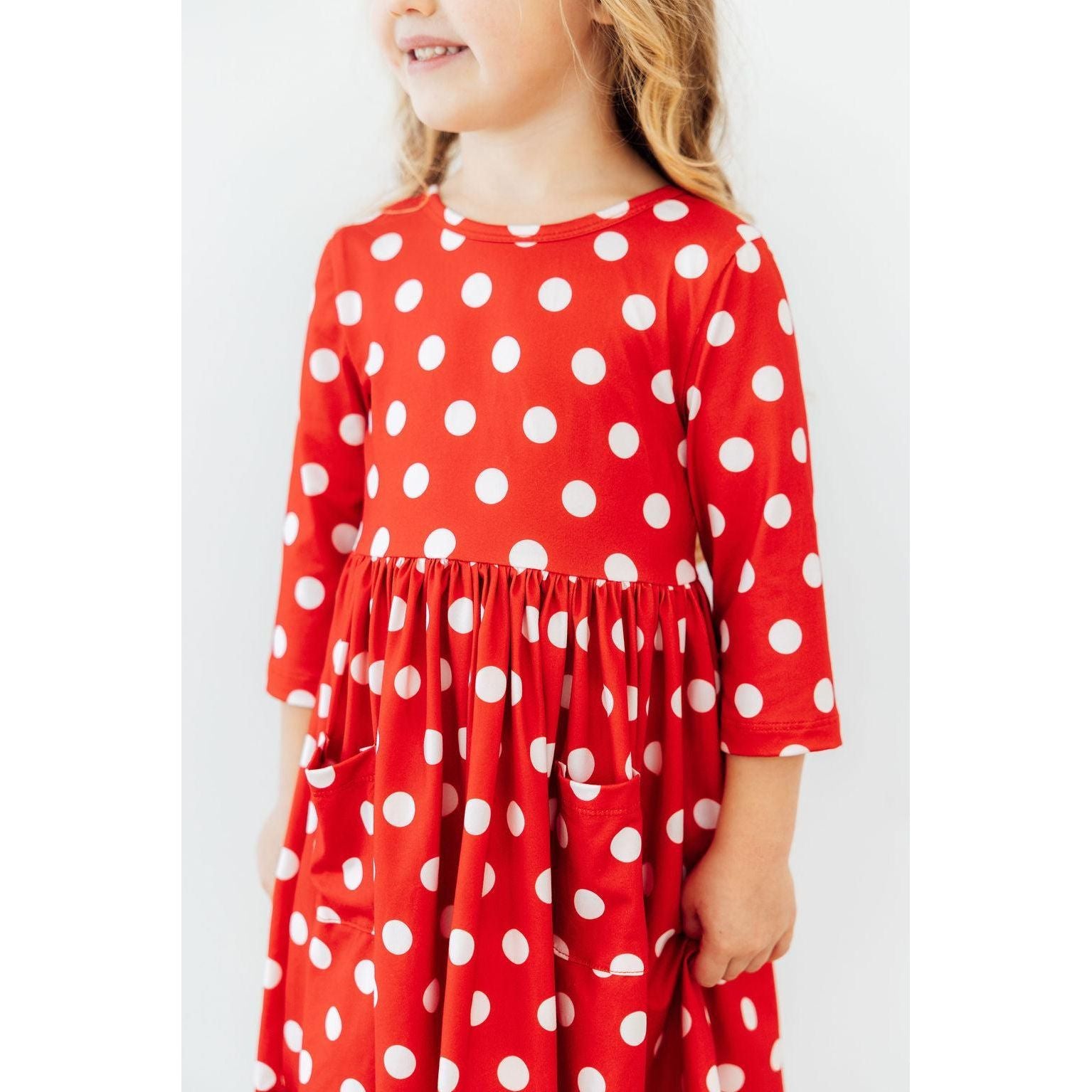 Red Polka Dots 3/4 Sleeve Pocket Twirl Dress