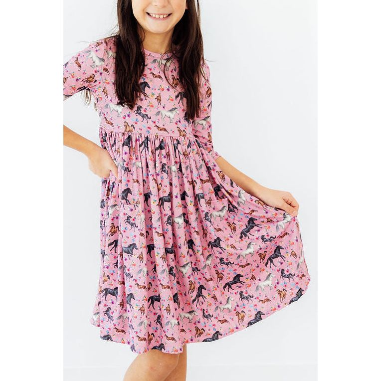 Petals & Ponies 3/4 Sleeve Pocket Twirl Dress