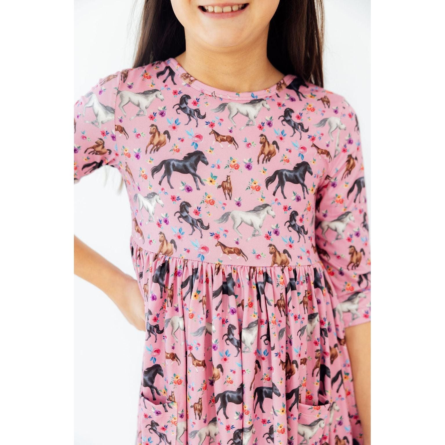 Petals & Ponies 3/4 Sleeve Pocket Twirl Dress