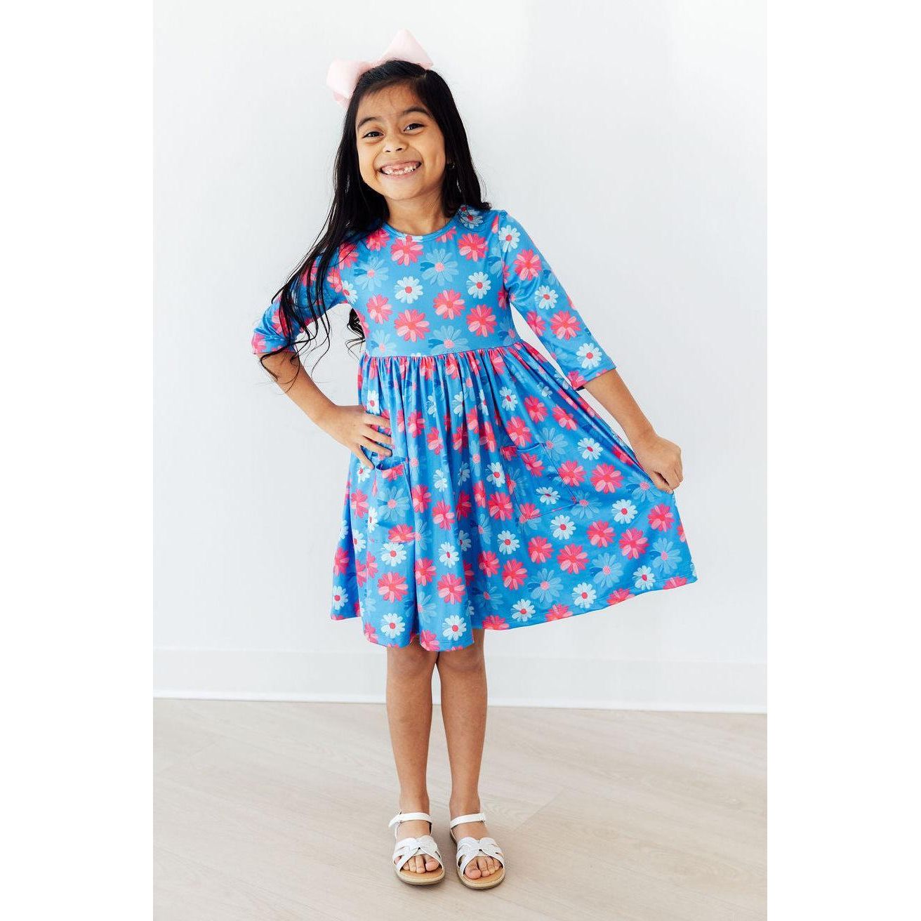 Cotton Candy Daisy 3/4 Sleeve Pocket Twirl Dress