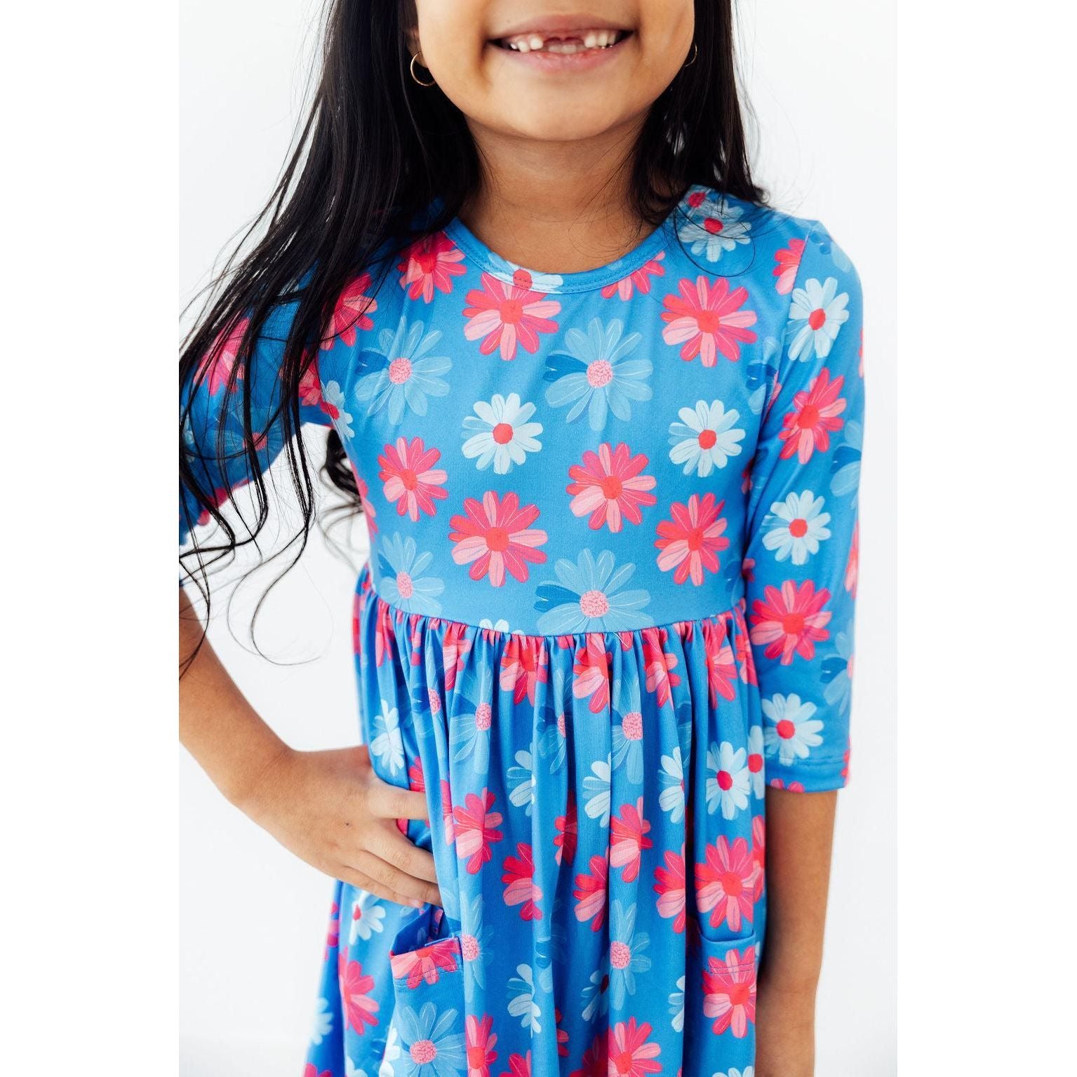 Cotton Candy Daisy 3/4 Sleeve Pocket Twirl Dress