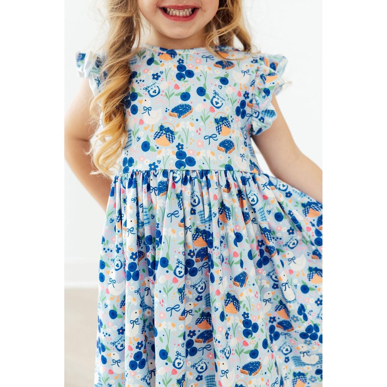 Blueberry Picnic Flutter Sleeve Twirl Dress