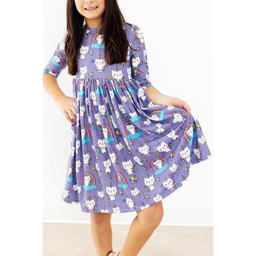 Kitties in the Clouds 3/4 Sleeve Pocket Twirl Dress
