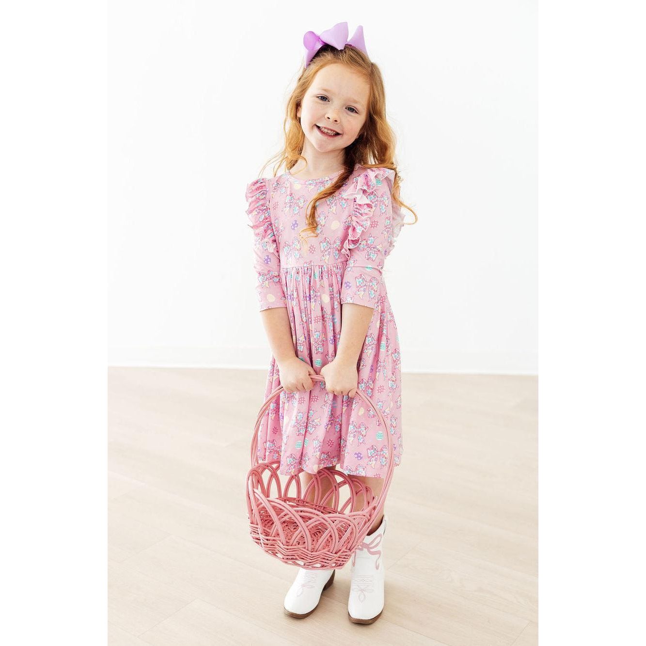 Little Bow Peeps 3/4 Sleeve Ruffle Twirl Dress