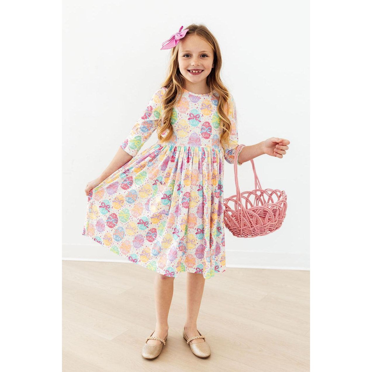 Egg-stra Cute 3/4 Sleeve Pocket Twirl Dress