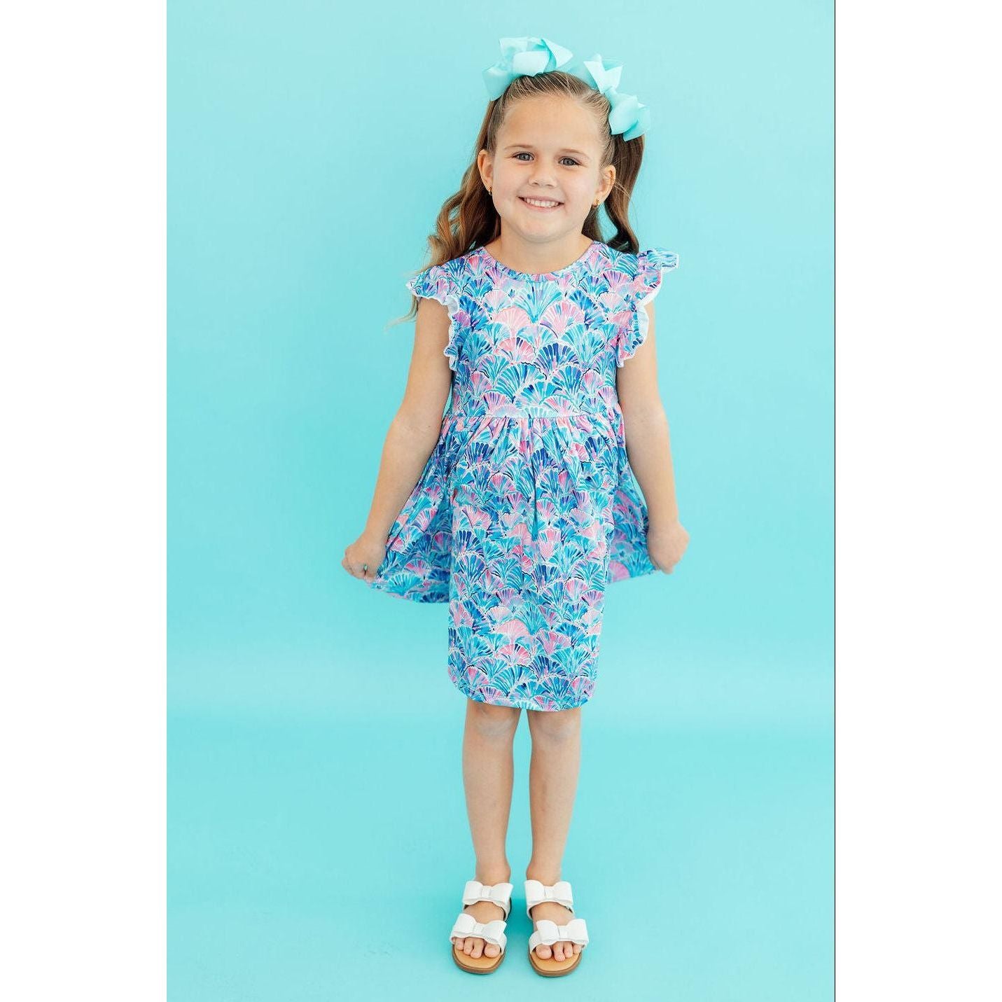 Seaside Shells Flutter Sleeve Twirl Dress