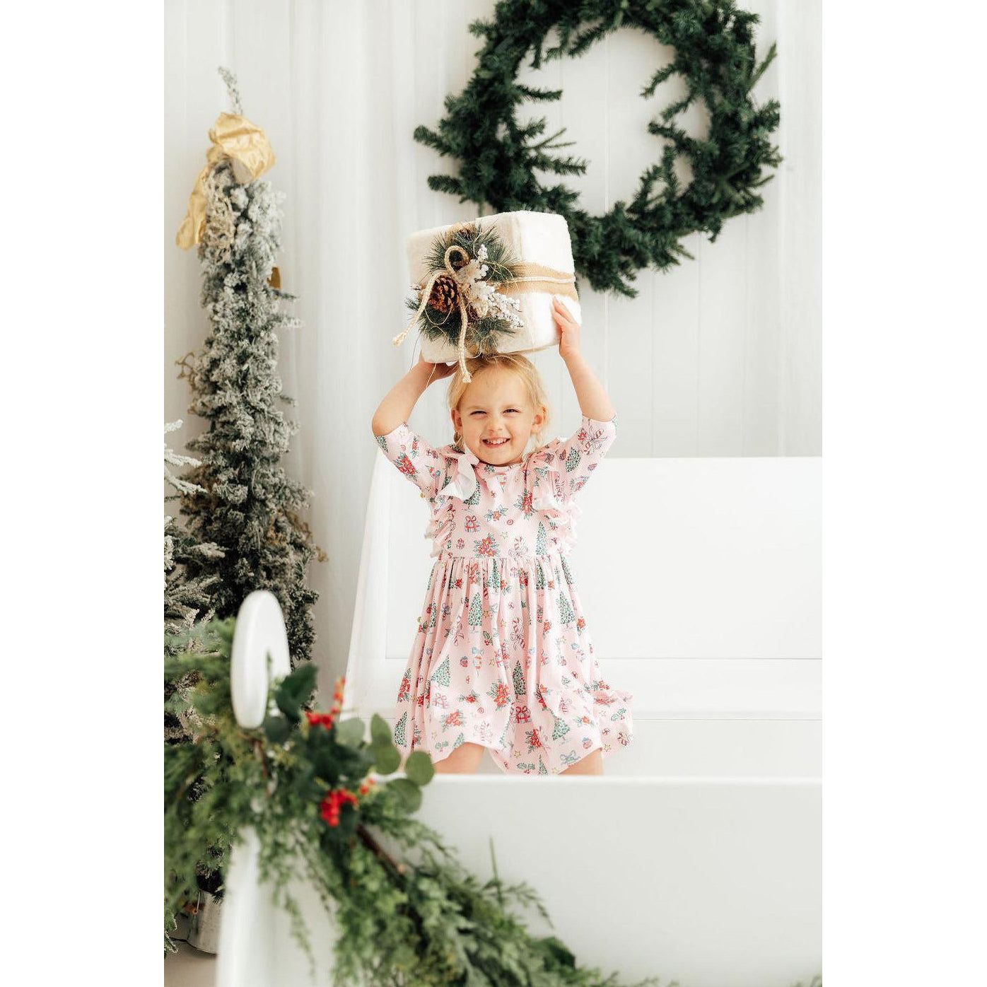 Pink Christmas 3/4 Sleeve Ruffle Twirl Dress