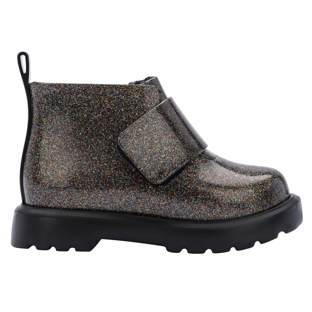 faux fur lined chelsea boot in black glitter