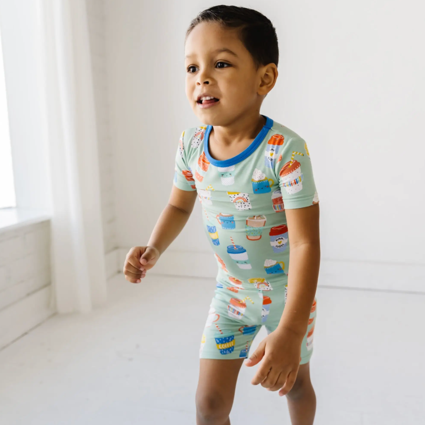 "i love you a latte" s/s and shorts two-piece bamboo viscose pajama set in aqua