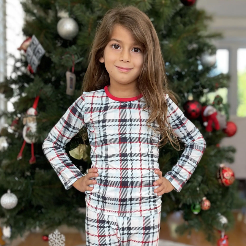 holiday plaid bamboo kids two piece pajamas