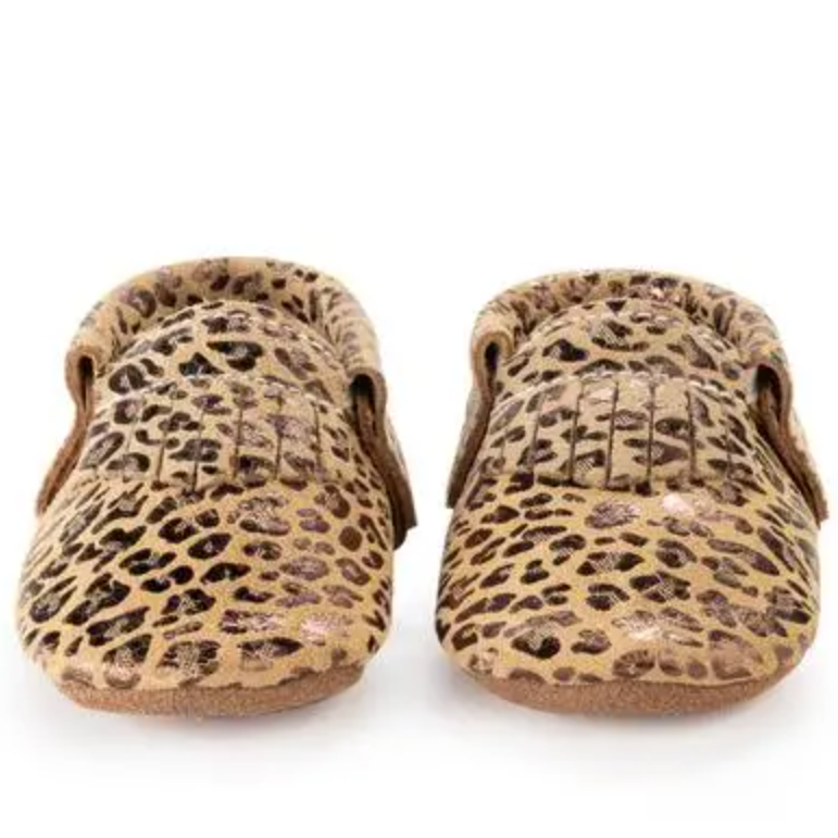 leather baby moccasins in leopard