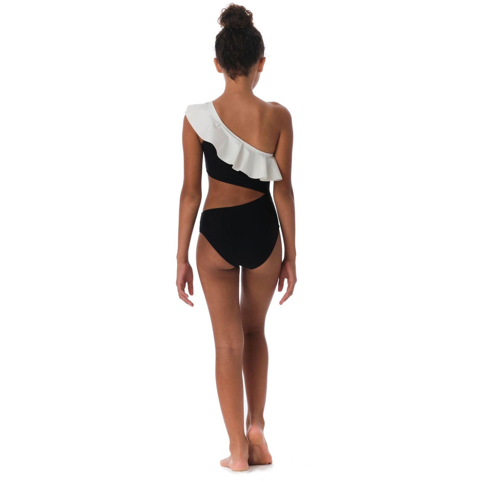 black ruffle one piece suit