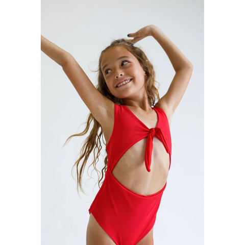 Girl's Cutout One Piece in Red Ribbed