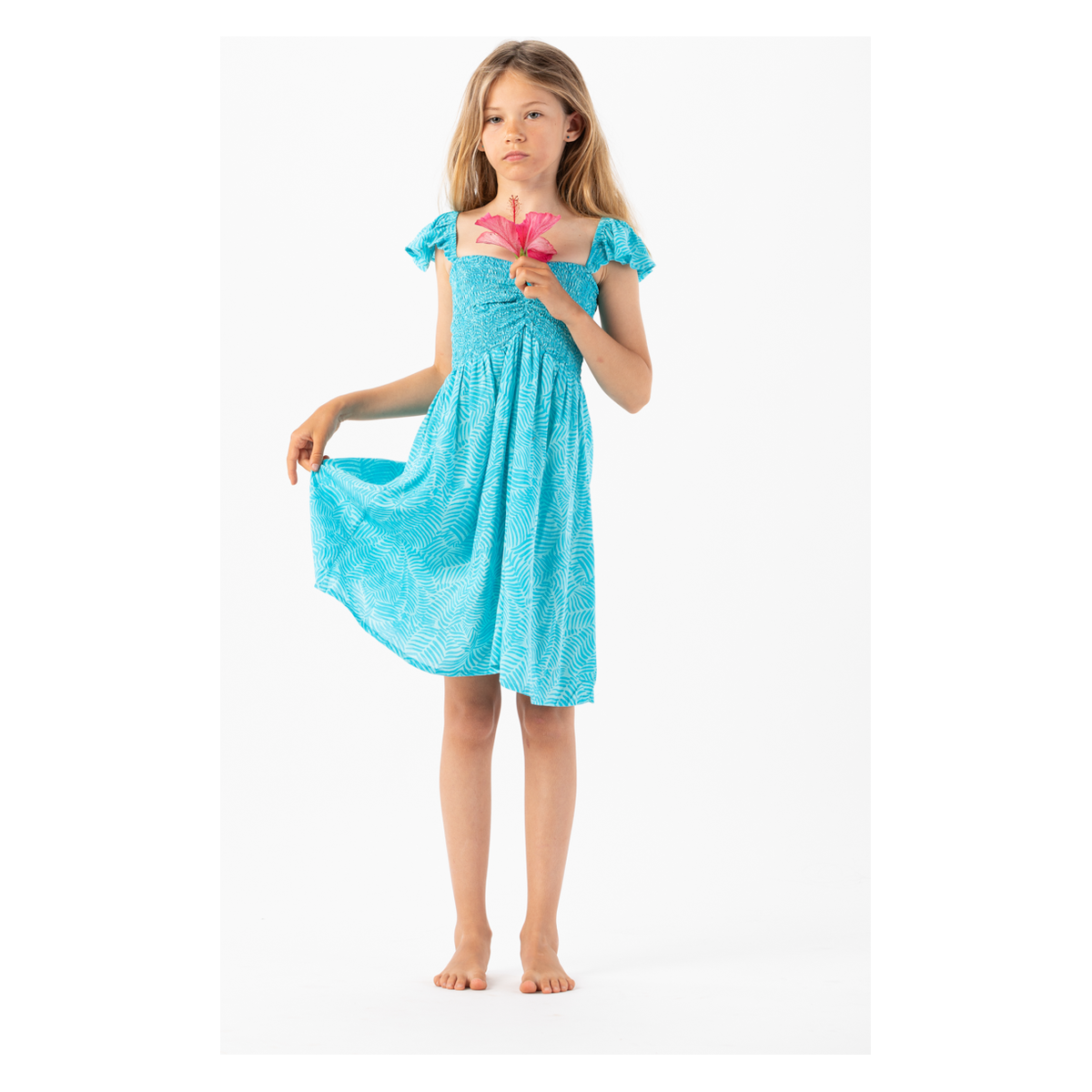 kids hollie dress | geo palms teal