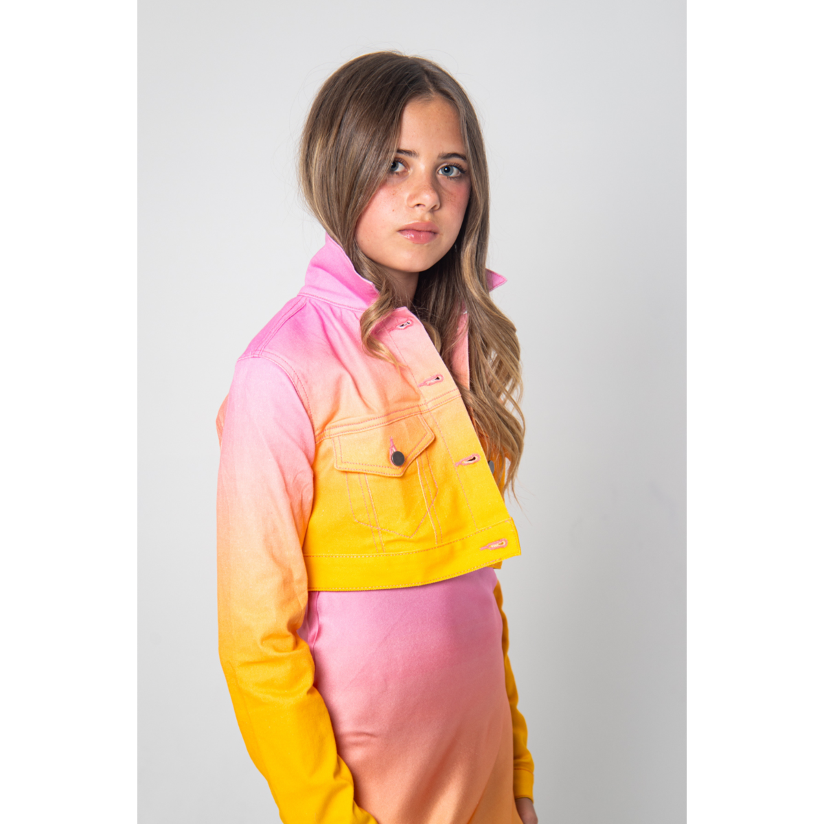 crosby cropped denim jacket | yellow to pink