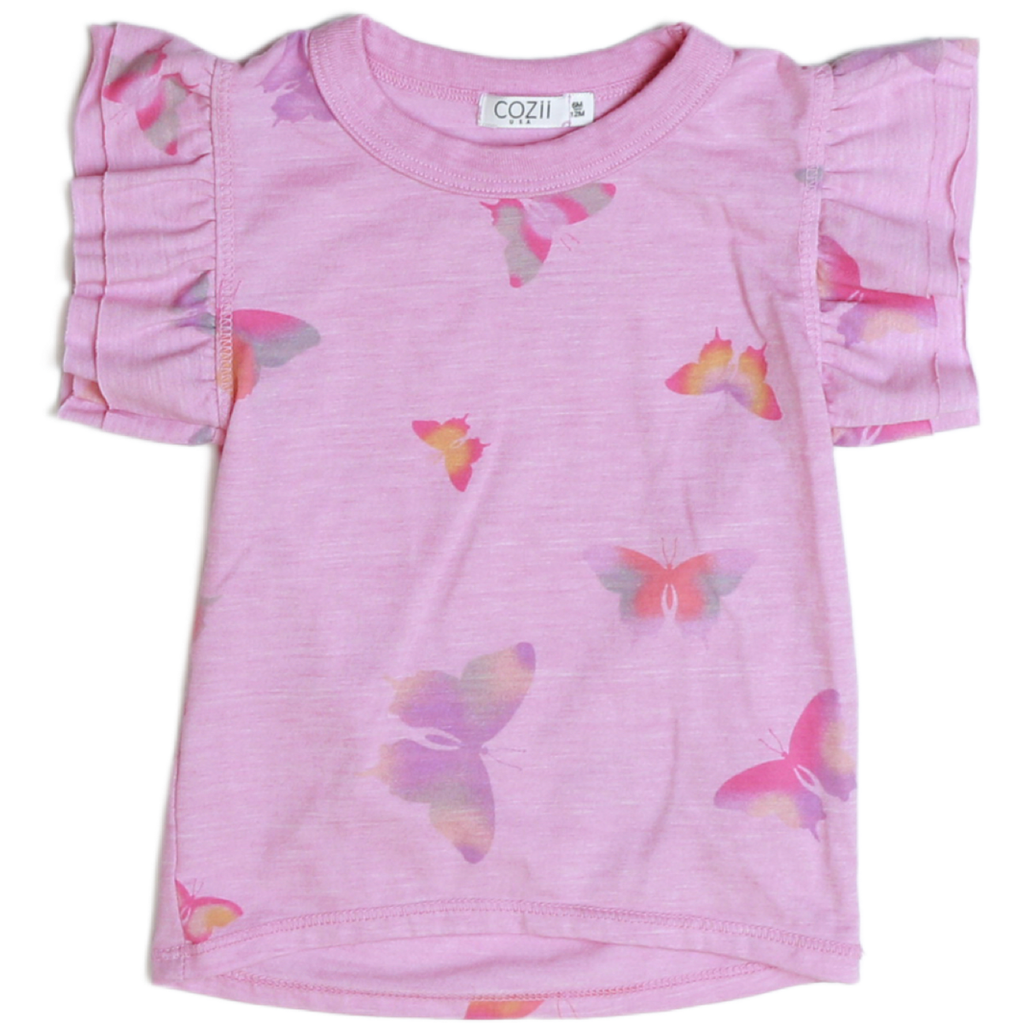 double ruffle sleeve top | pink butterfly