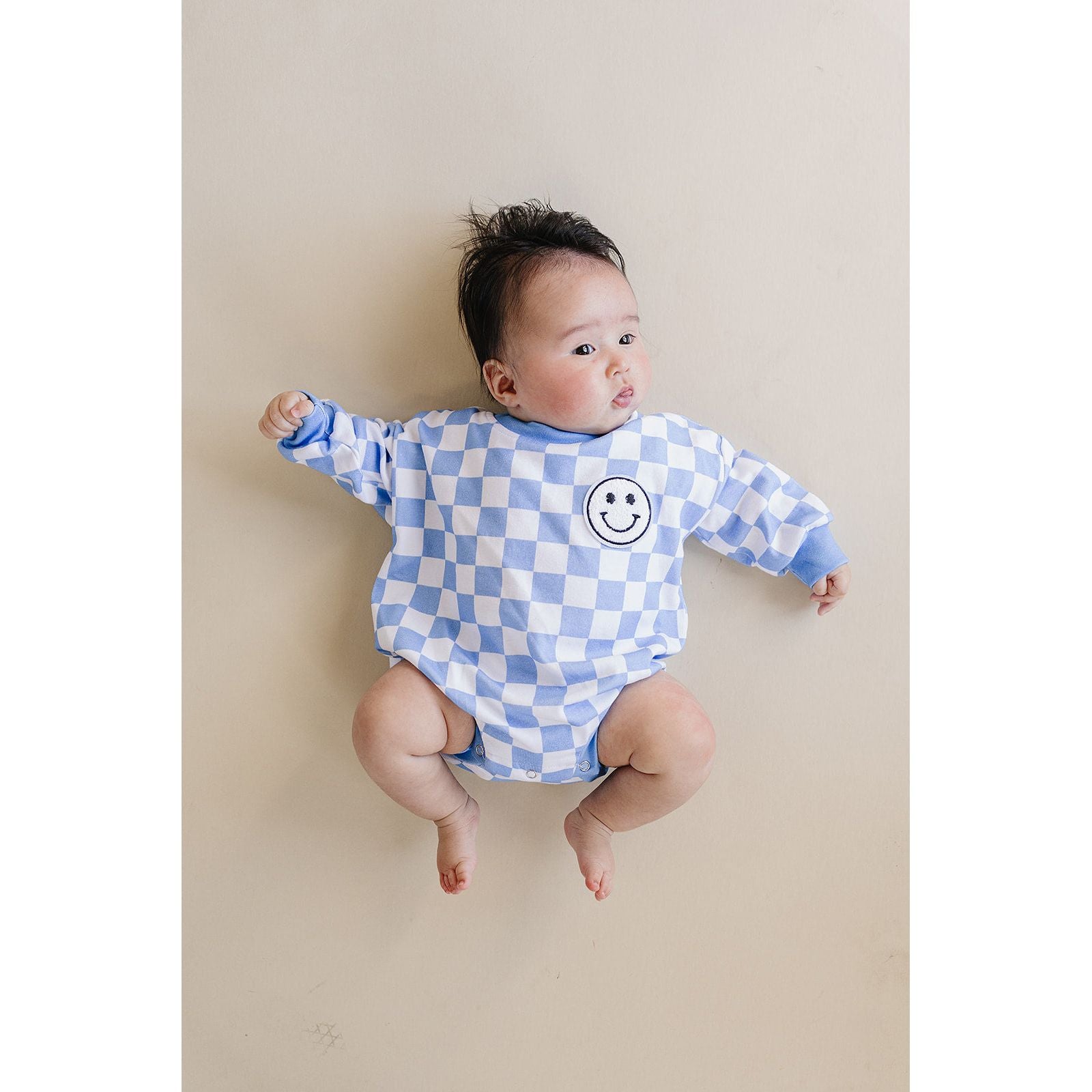 Bubble Romper | Checkered Smiley Blue