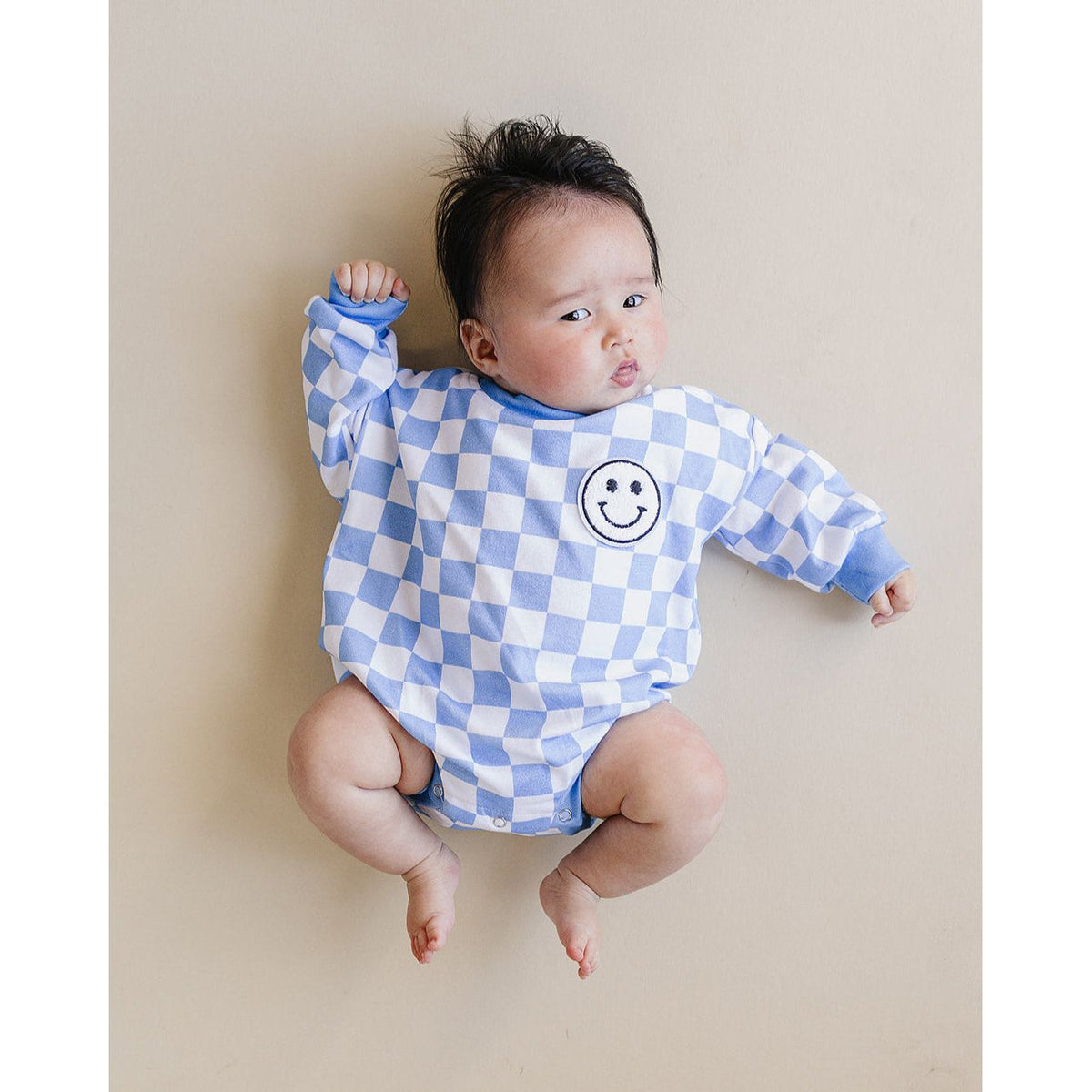 Bubble Romper | Checkered Smiley Blue