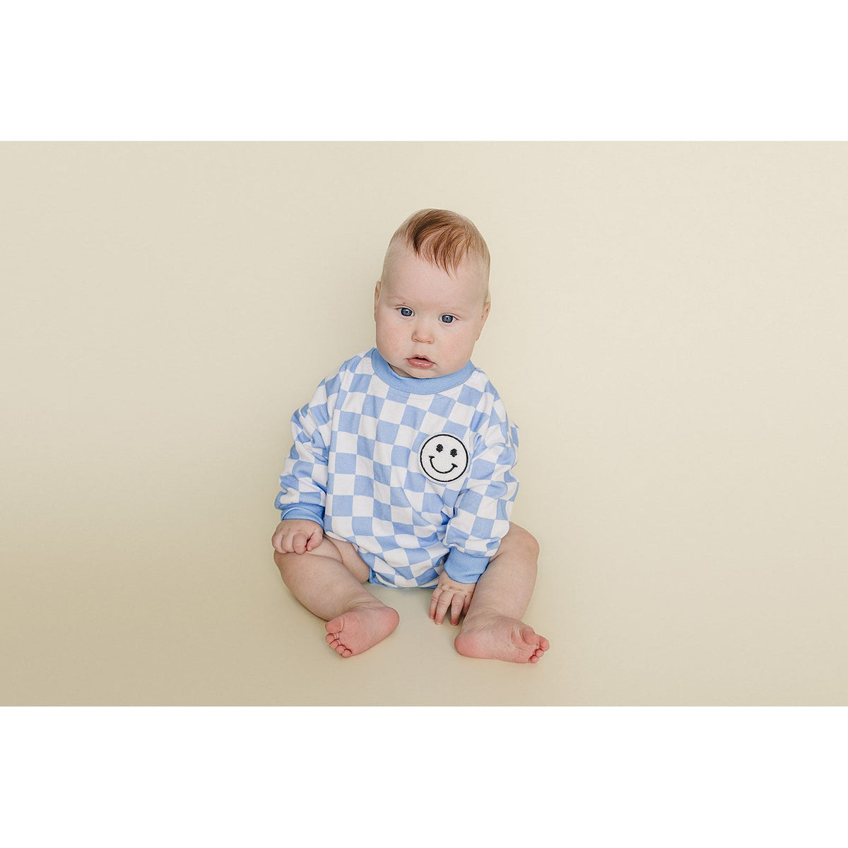 Bubble Romper | Checkered Smiley Blue