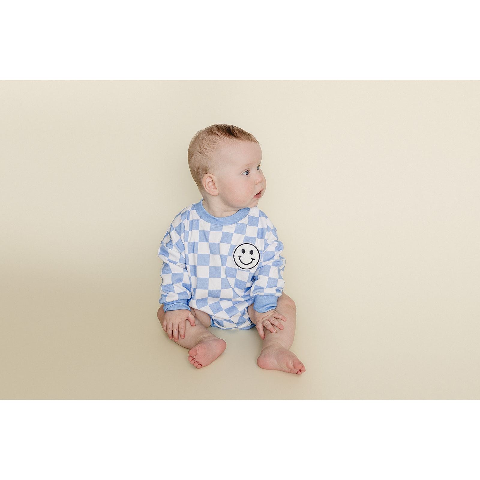 Bubble Romper | Checkered Smiley Blue