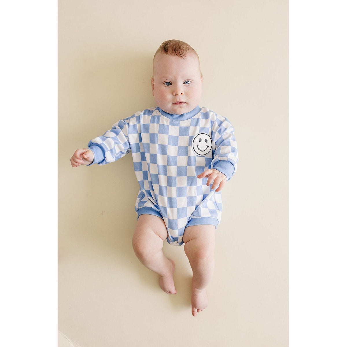 Bubble Romper | Checkered Smiley Blue