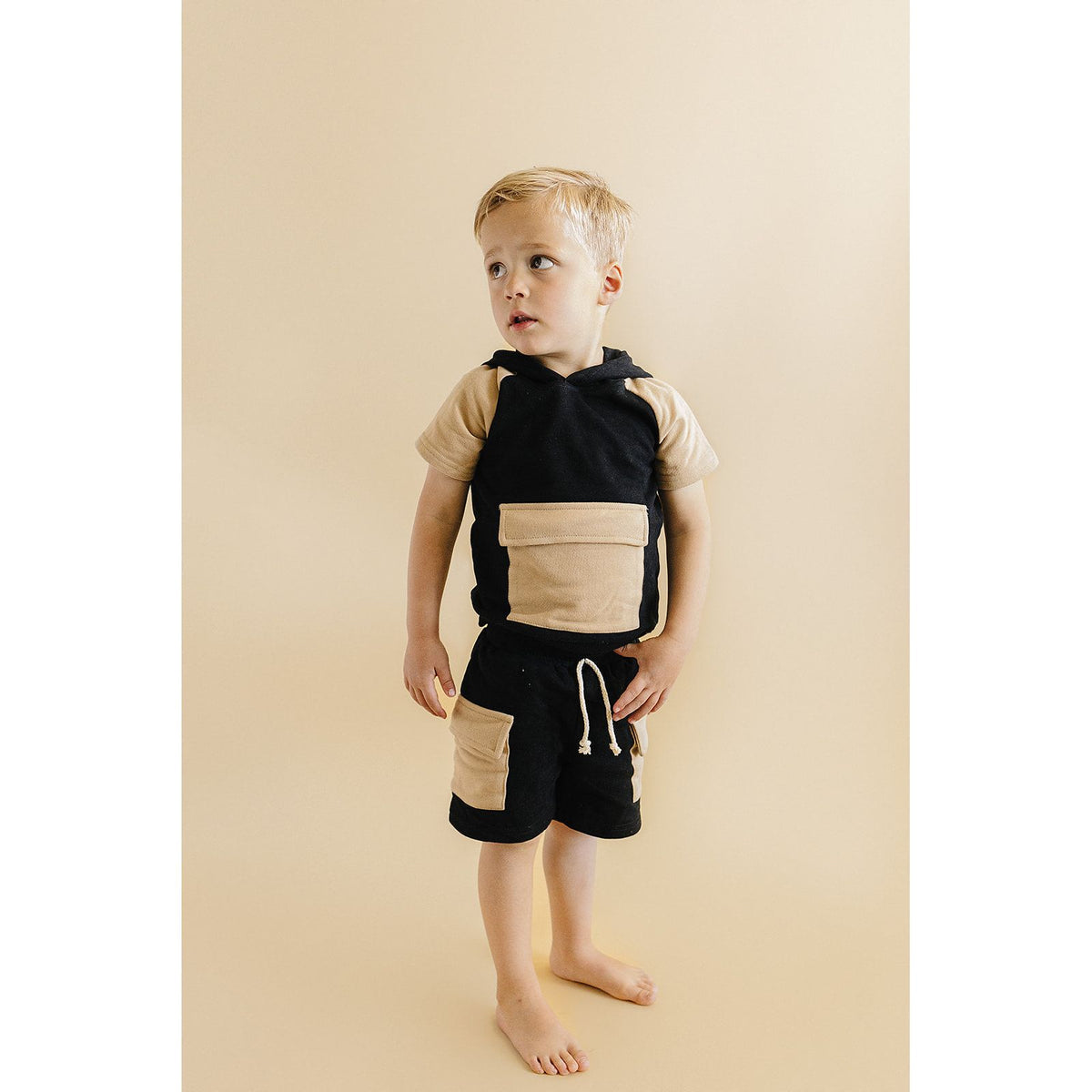 Terry Cargo Shorts Set | Black & Tan