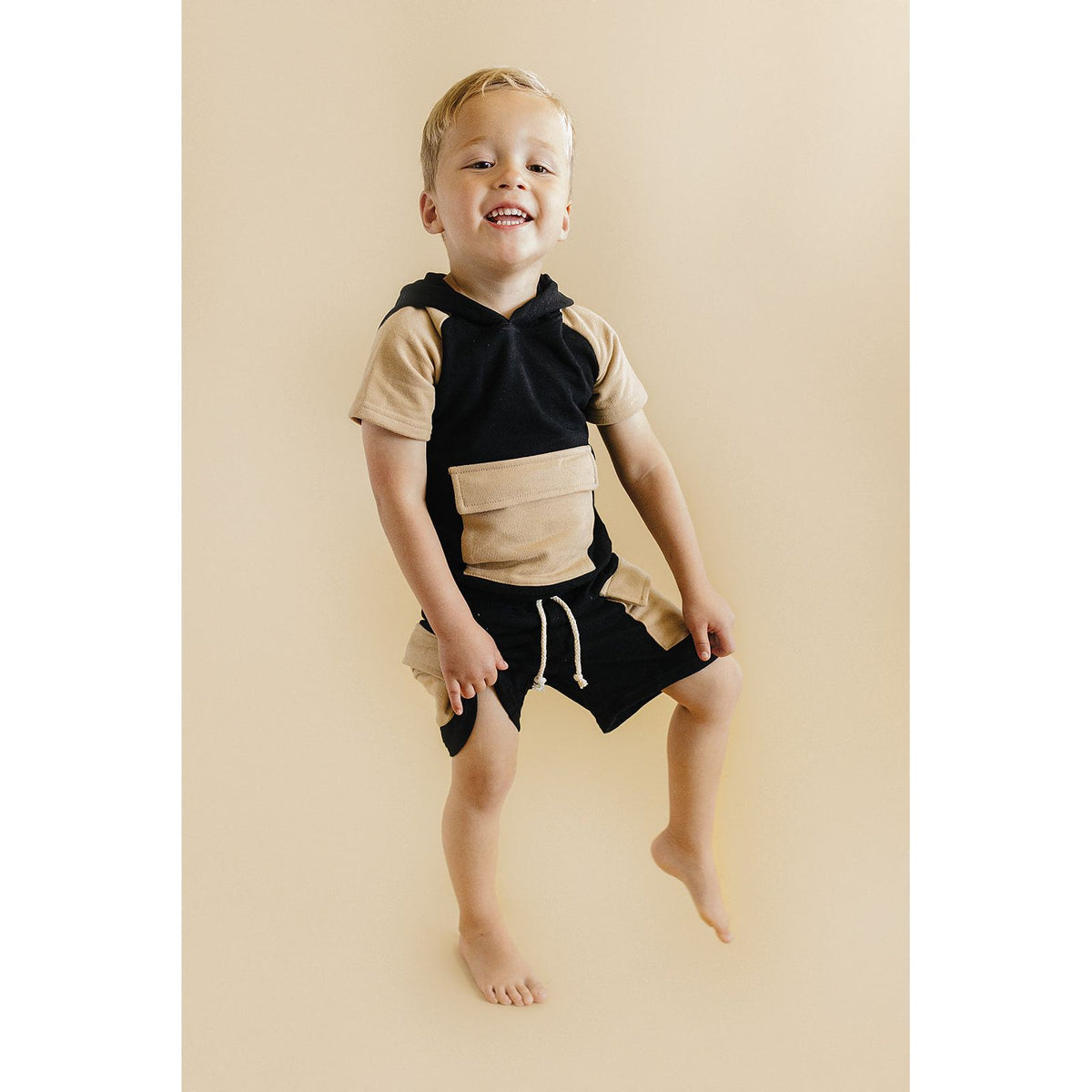 Terry Cargo Shorts Set | Black & Tan