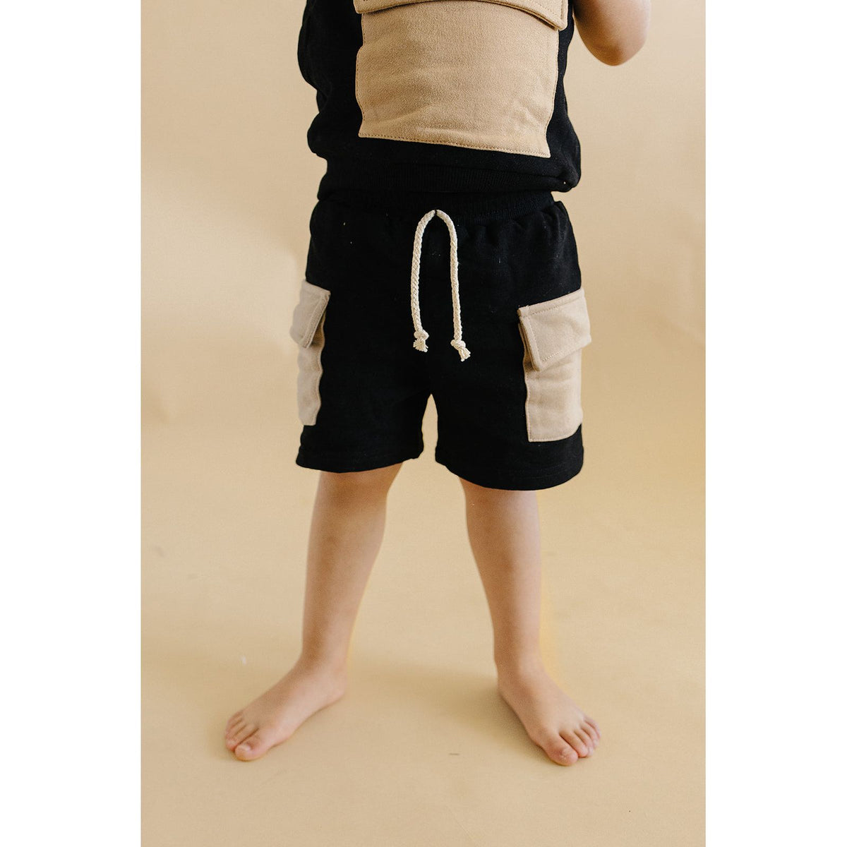 Terry Cargo Shorts Set | Black & Tan