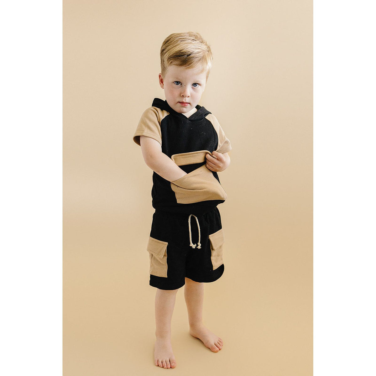 Terry Cargo Shorts Set | Black & Tan