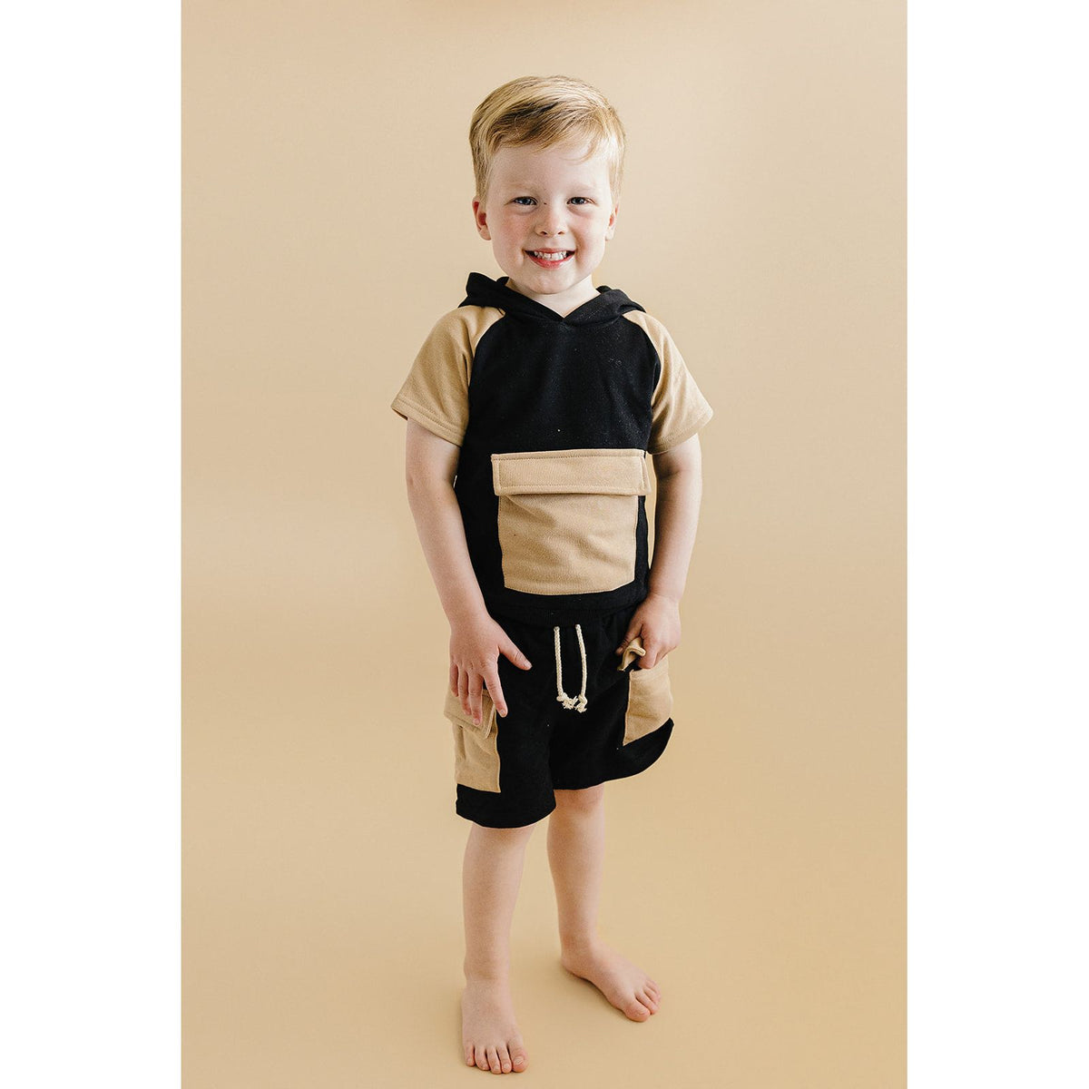 Terry Cargo Shorts Set | Black & Tan