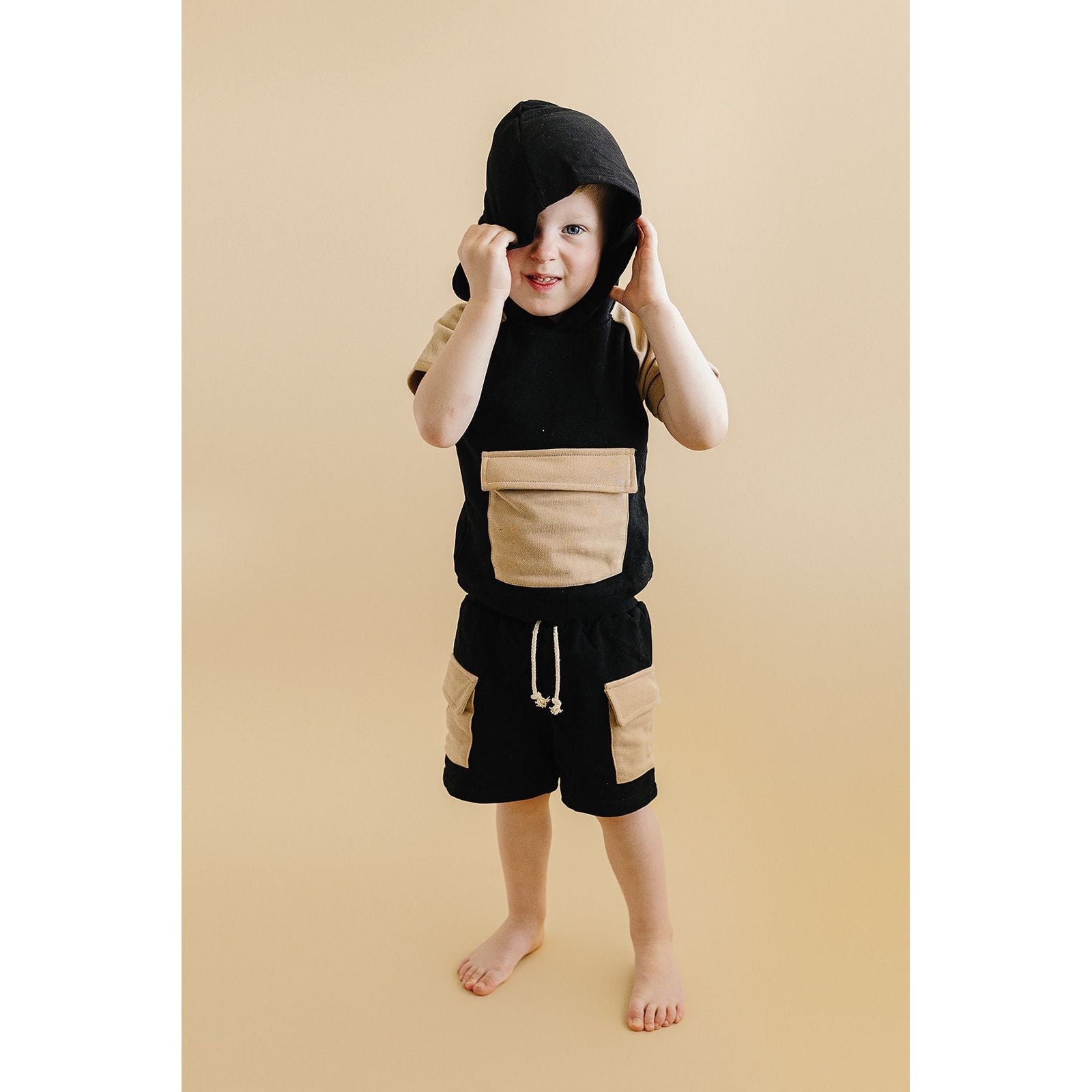 Terry Cargo Shorts Set | Black & Tan