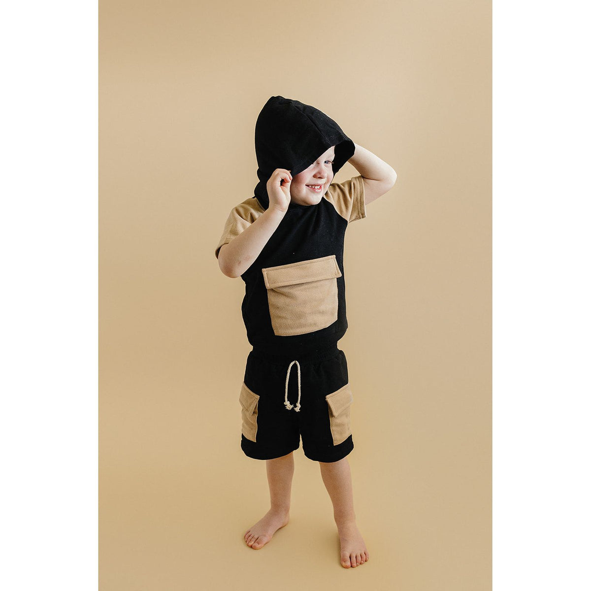 Terry Cargo Shorts Set | Black & Tan