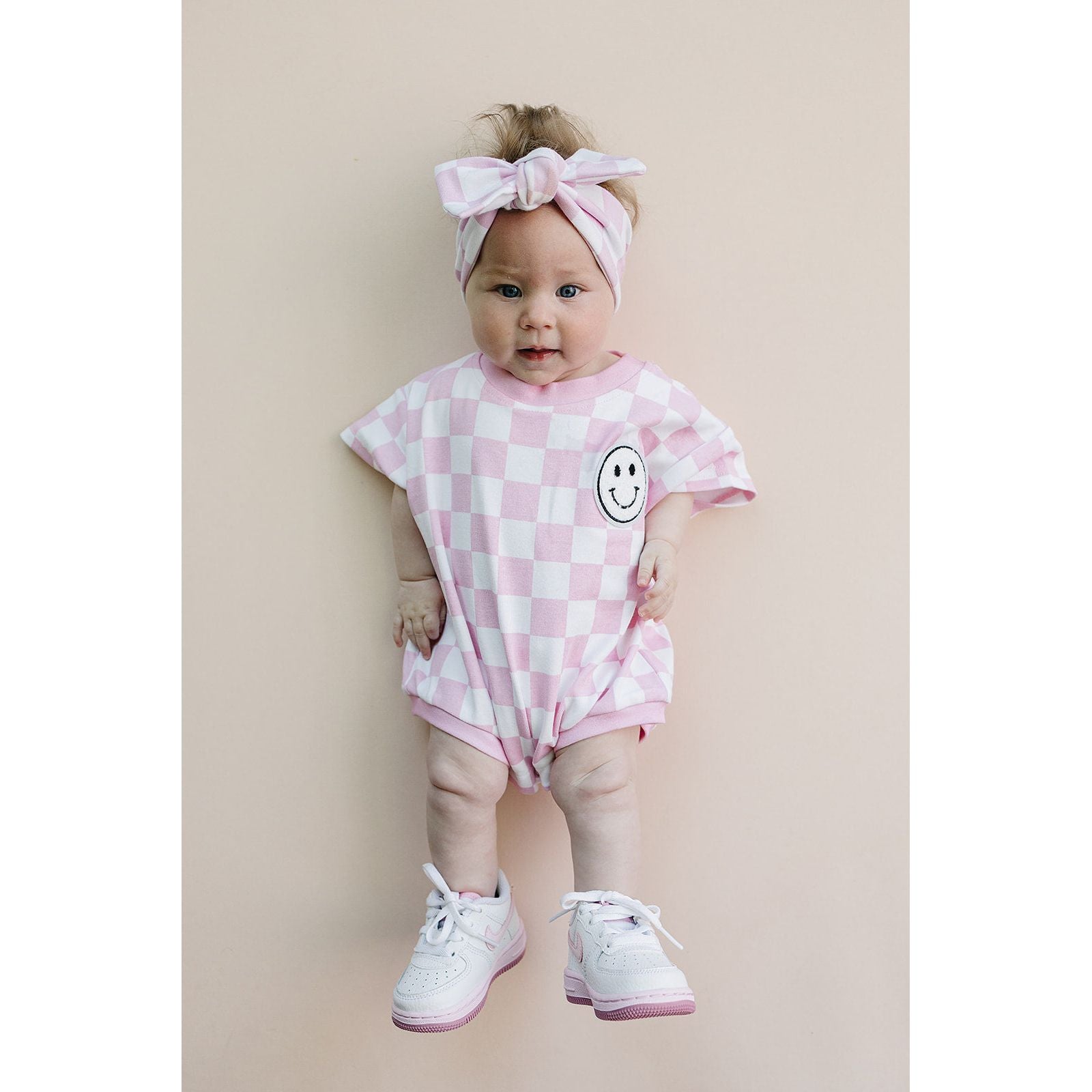 Short Sleeve Bubble Romper | Checkered Smiley Pink