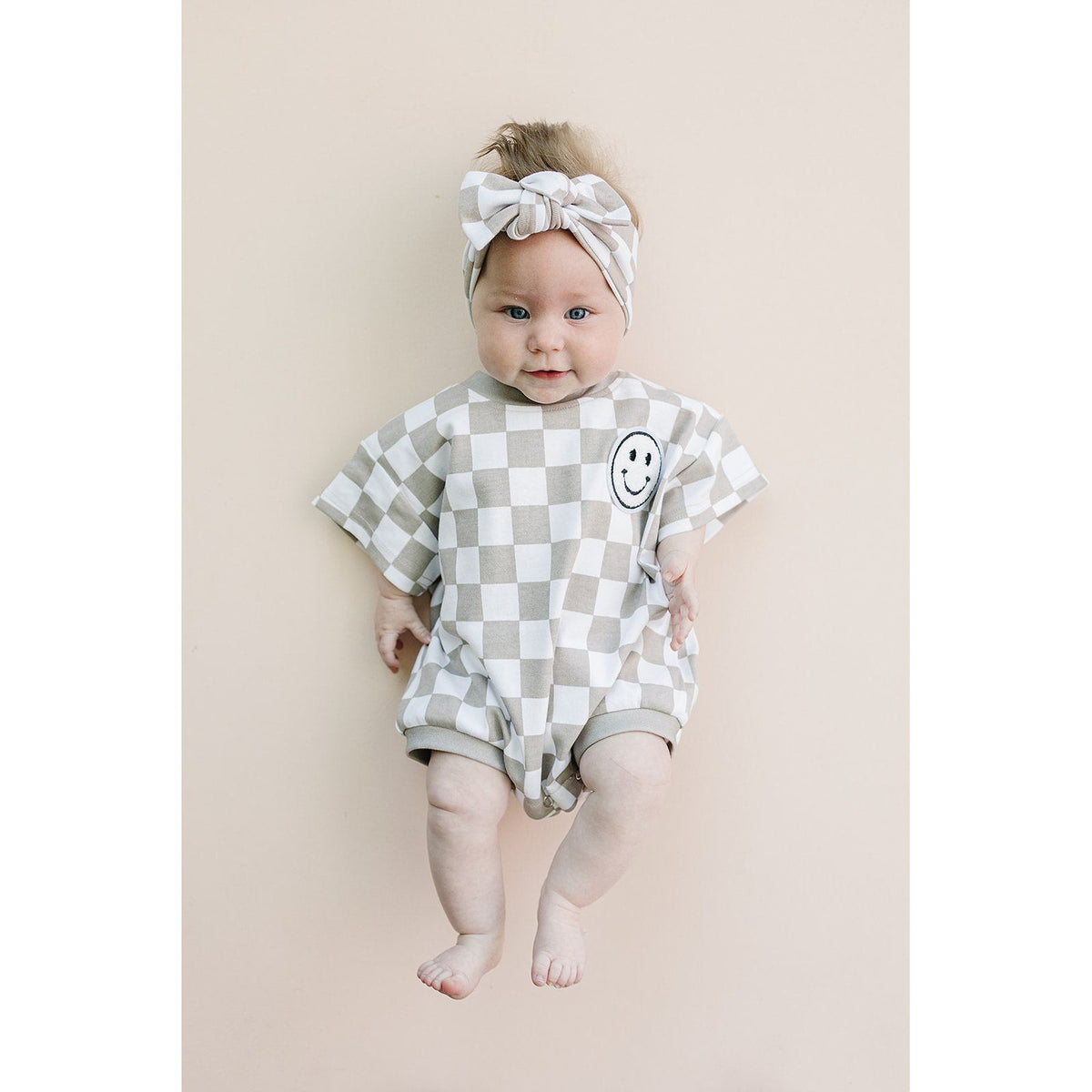 Short Sleeve Bubble Romper | Checkered Smiley Latte