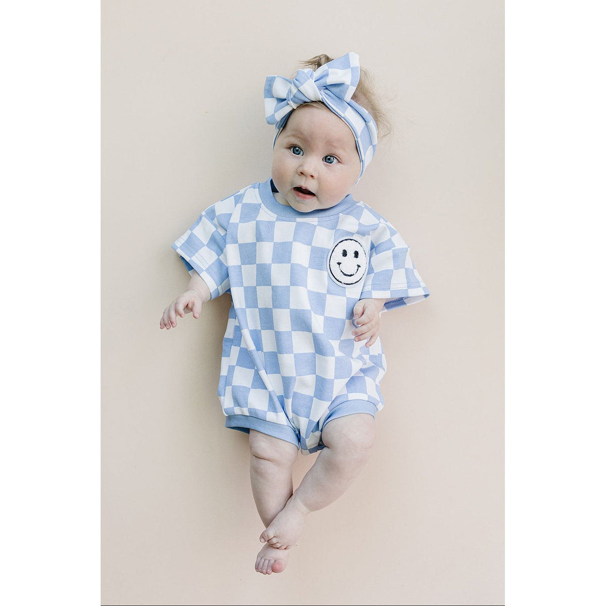 Short Sleeve Bubble Romper | Checkered Smiley Blue