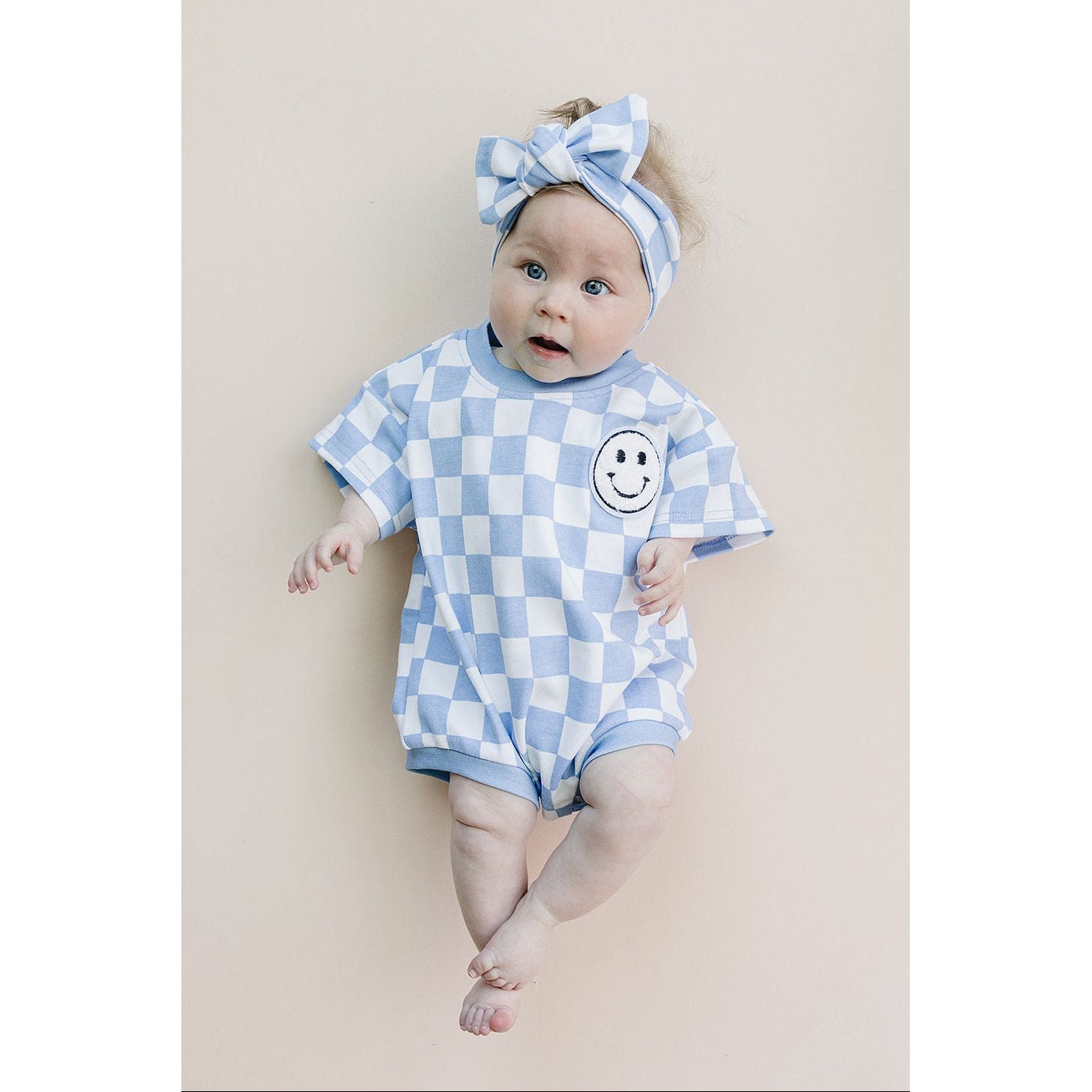Short Sleeve Bubble Romper | Checkered Smiley Blue