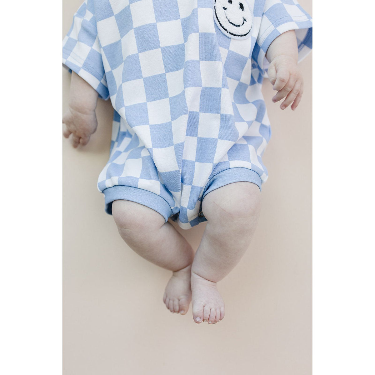 Short Sleeve Bubble Romper | Checkered Smiley Blue