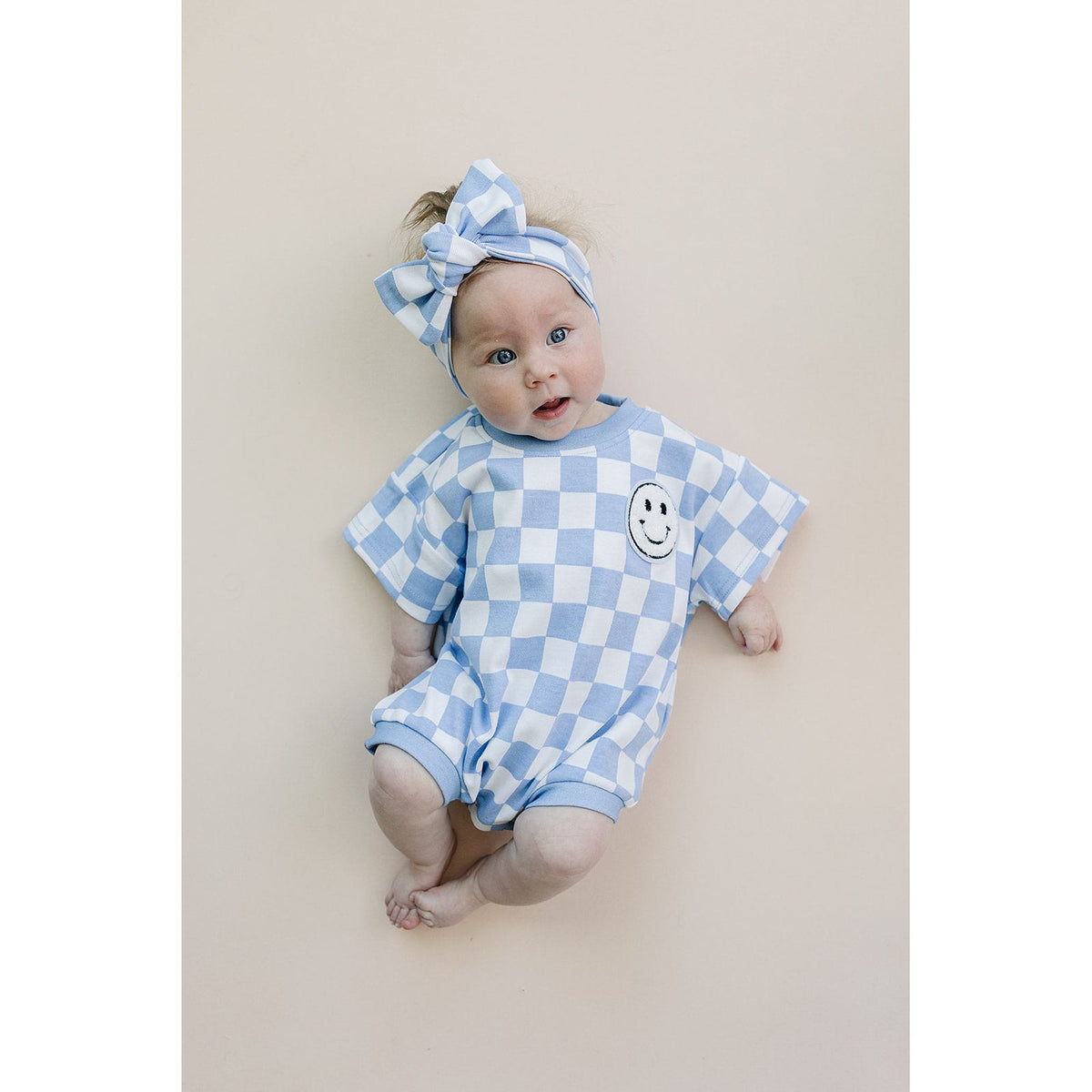 Short Sleeve Bubble Romper | Checkered Smiley Blue