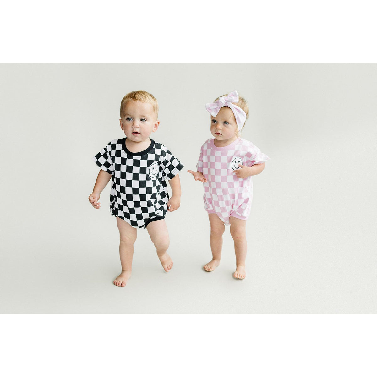 Short Sleeve Bubble Romper | Checkered Smiley Pink