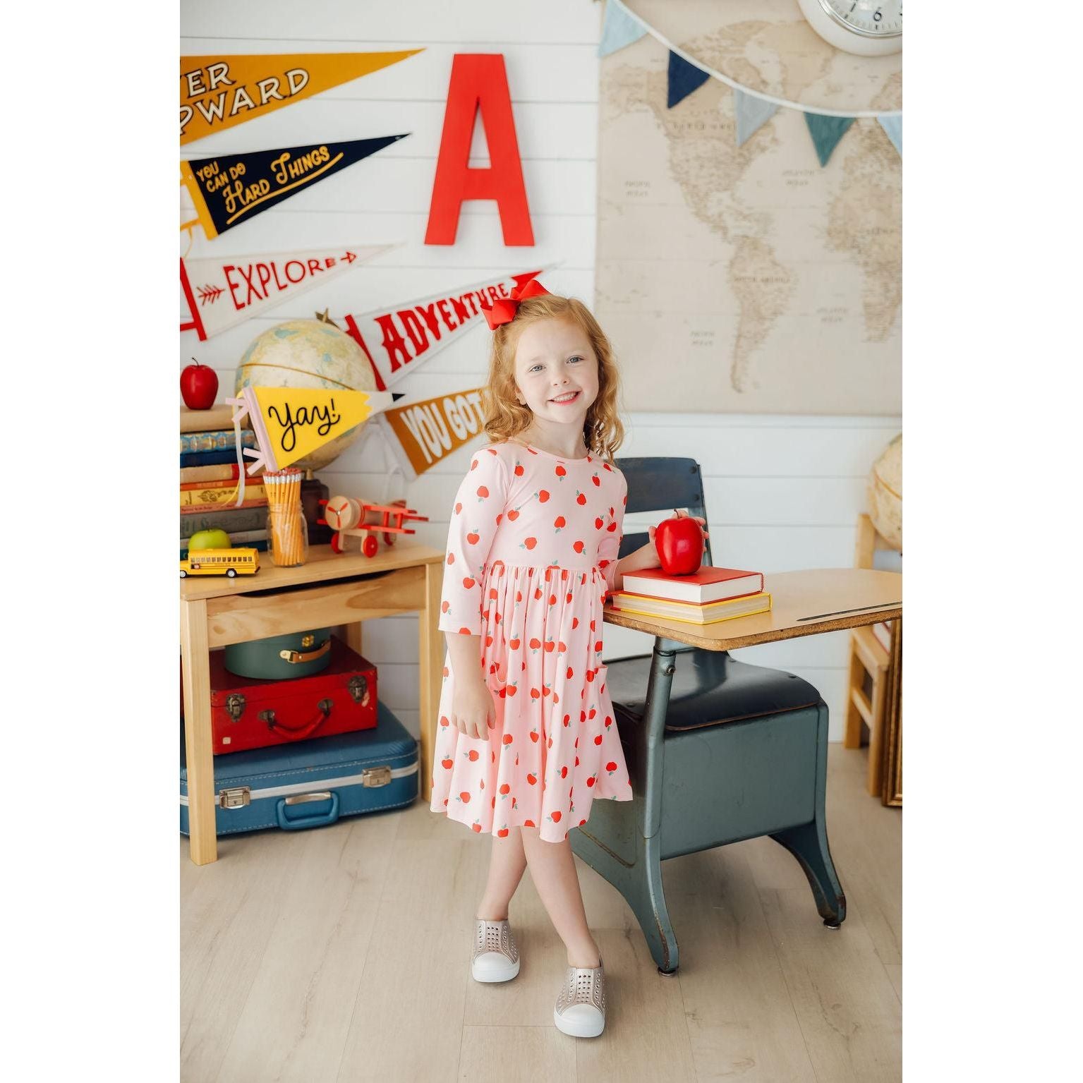 An Apple a Day 3/4 Sleeve Pocket Twirl Dress