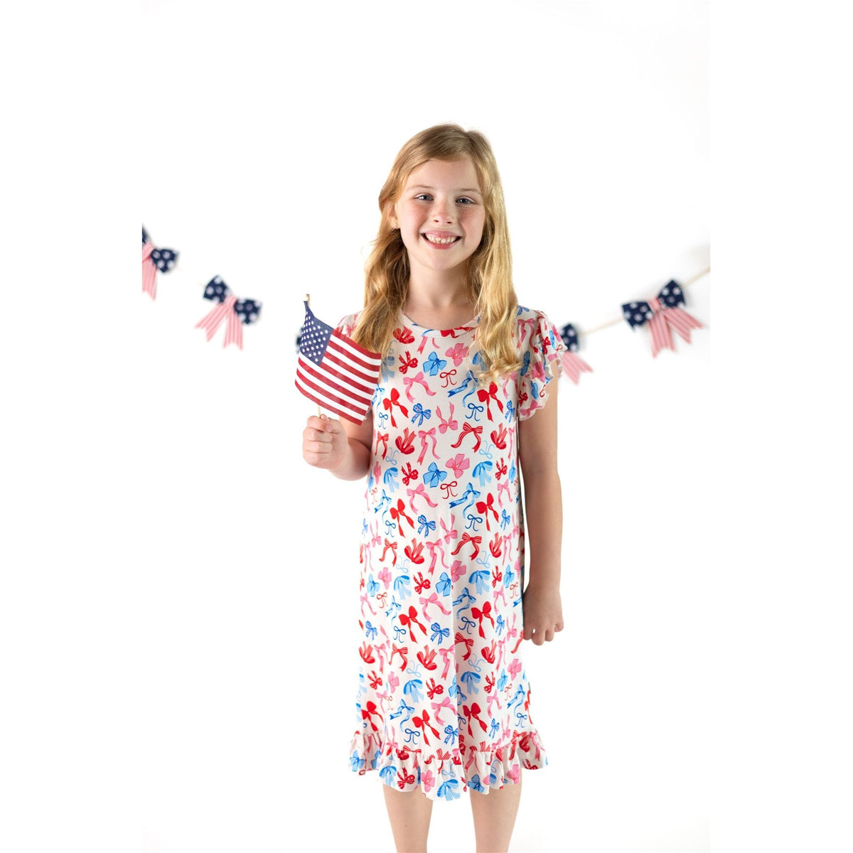 Red, White, & Blue Nightgown | Patriotic Bows Girls Bamboo Nightgown
